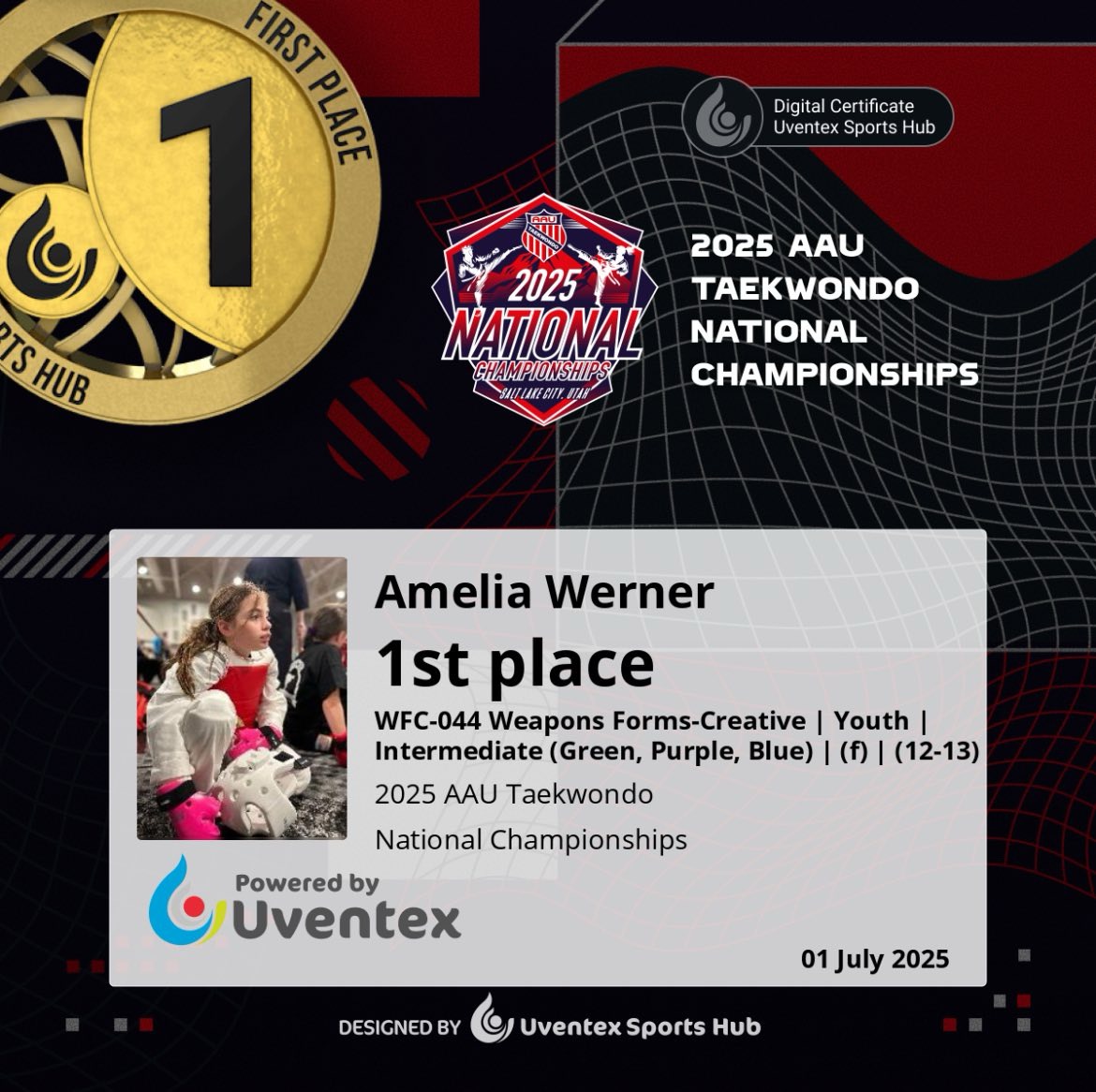 Amelia Werner first place 2025 AAU Taekwondo National Championships certificate