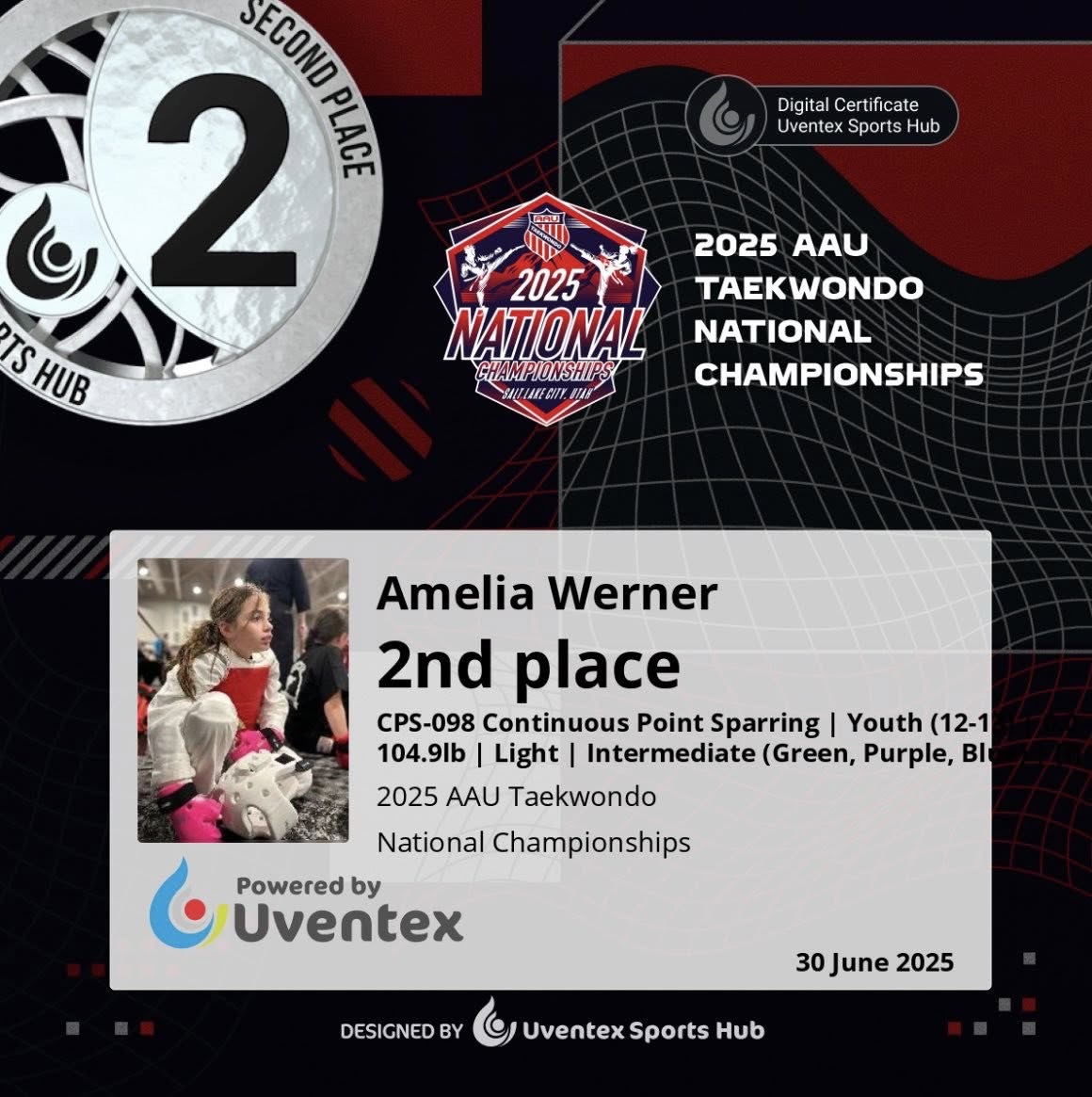 Amelia Werner second place 2025 AAU Taekwondo National Championships certificate