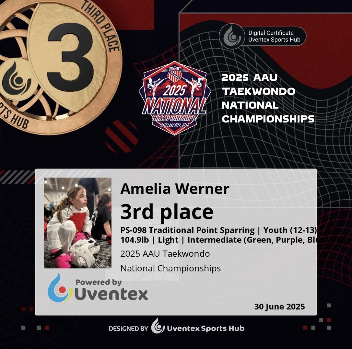 Amelia Werner third place 2025 AAU Taekwondo National Championships certificate