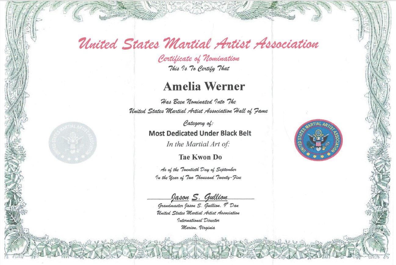 Amelia Werner United States Martial Artist Association Hall of Fame nomination certificate