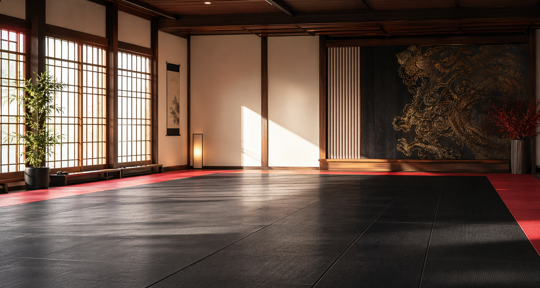 A warm martial arts training floor ready for class