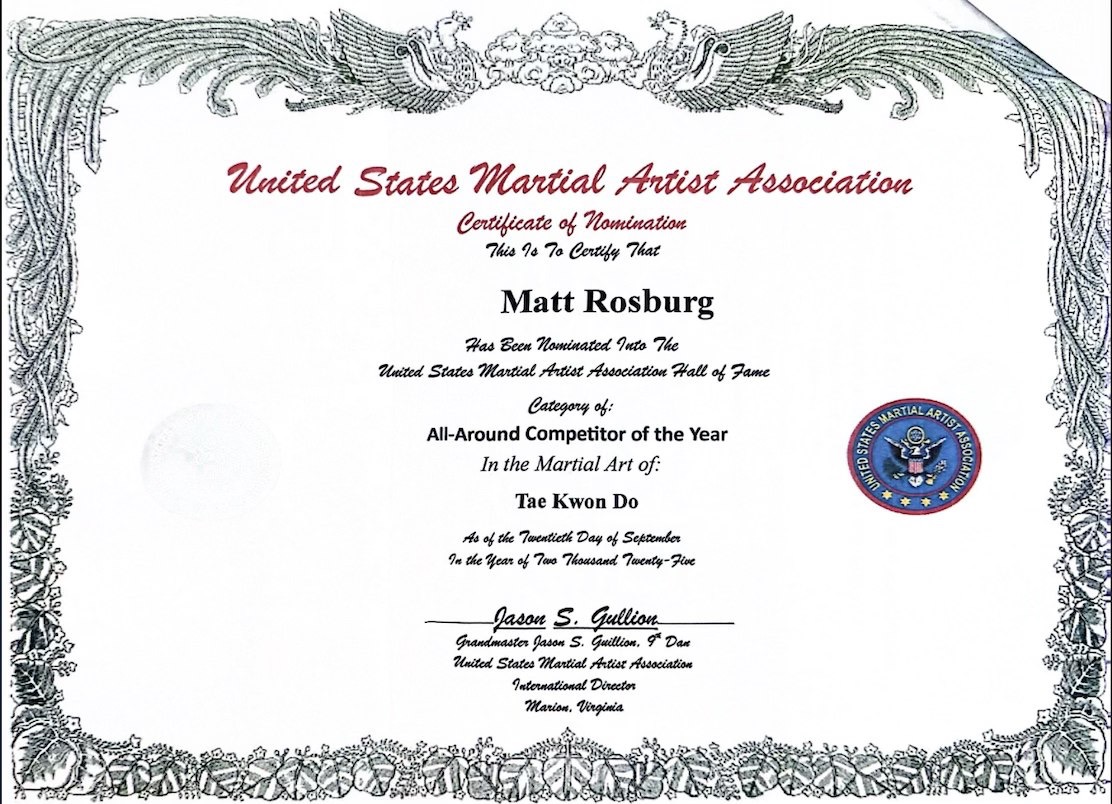 Matt Rosburg United States Martial Artist Association Hall of Fame nomination certificate